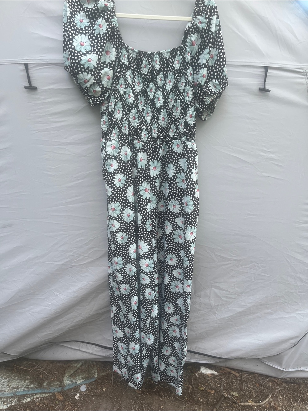 Smocked Floral Puff-Sleeve Jumpsuit in Black and Mint